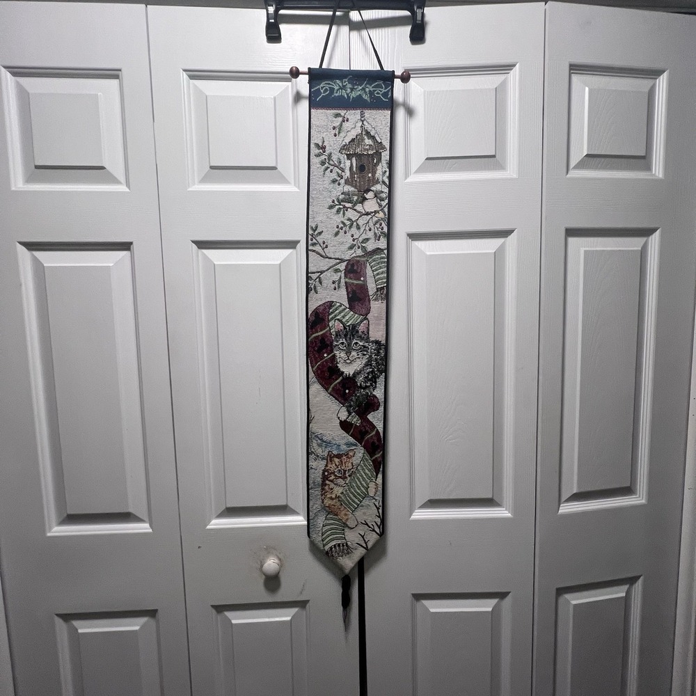 Paws For Christmas Cat & Chickadee Hanging Tapestry Bell Pull 6.25" x 39"